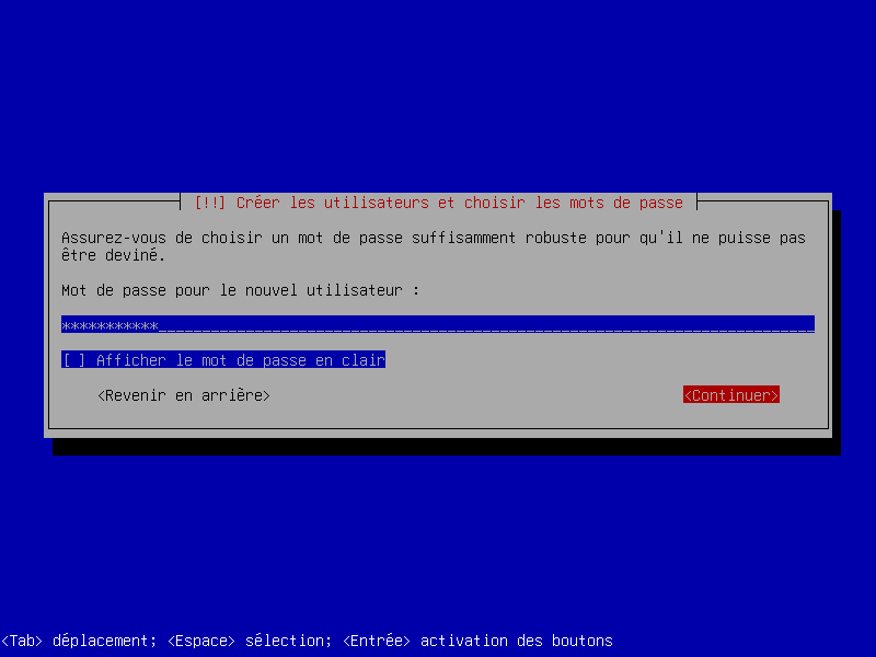 Choix du mot de passe de l'utilisateur