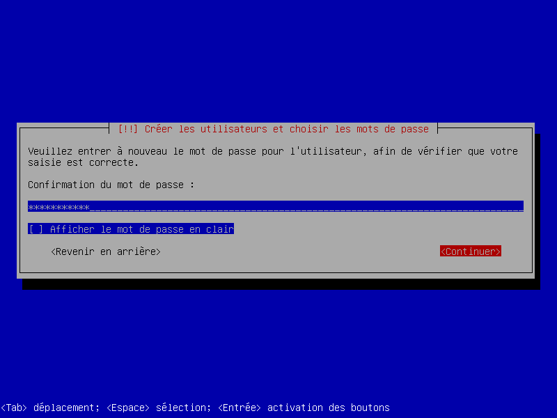 Confirmation du mot de passe de l'utilisateur
