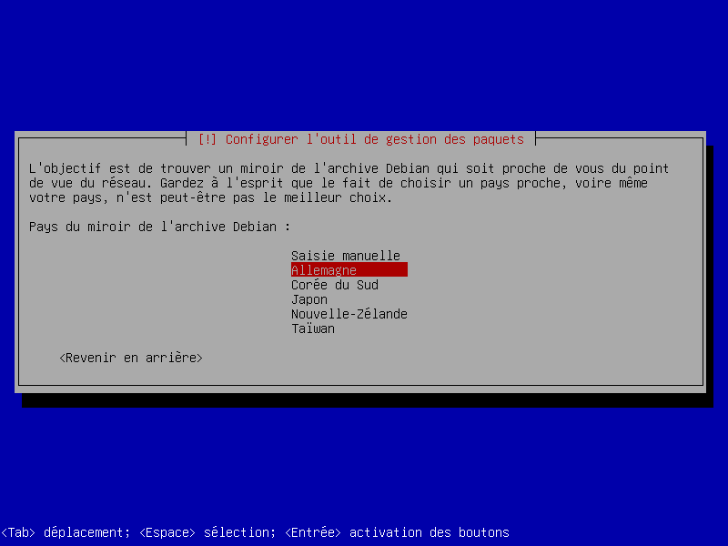 Choix du pays du miroir de l'archive Debian