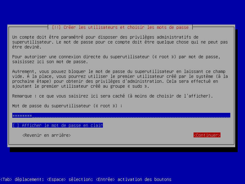 Choix du mot de passe de l'administrateur