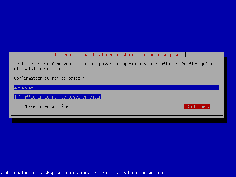 Confirmation du mot de passe de l'administrateur