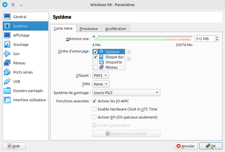 Configuration d'une machine virtuelle VirtualBox pour Windows 98 - Carte mère
