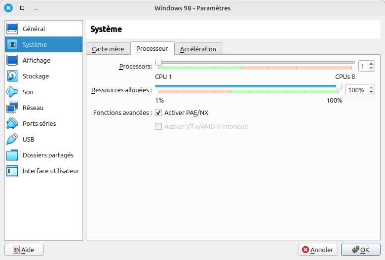 Configuration d'une machine virtuelle VirtualBox pour Windows 98 - Processeur