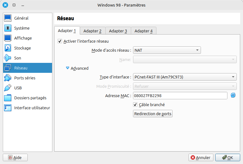 Configuration d'une machine virtuelle VirtualBox pour Windows 98 - Réseau