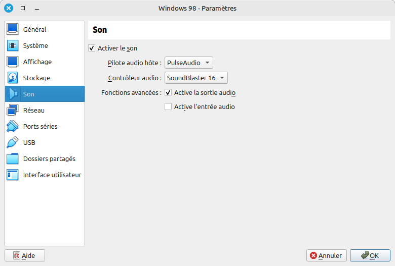 Configuration d'une machine virtuelle VirtualBox pour Windows 98 - Son