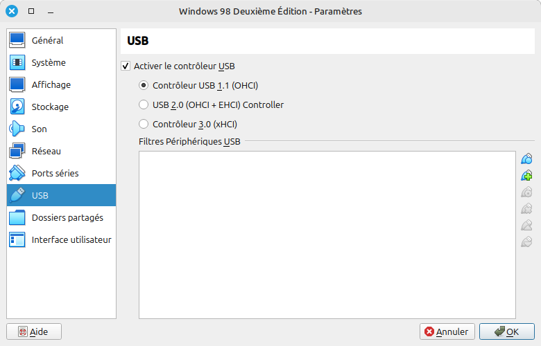Configuration d'une machine virtuelle VirtualBox pour Windows 98 - USB